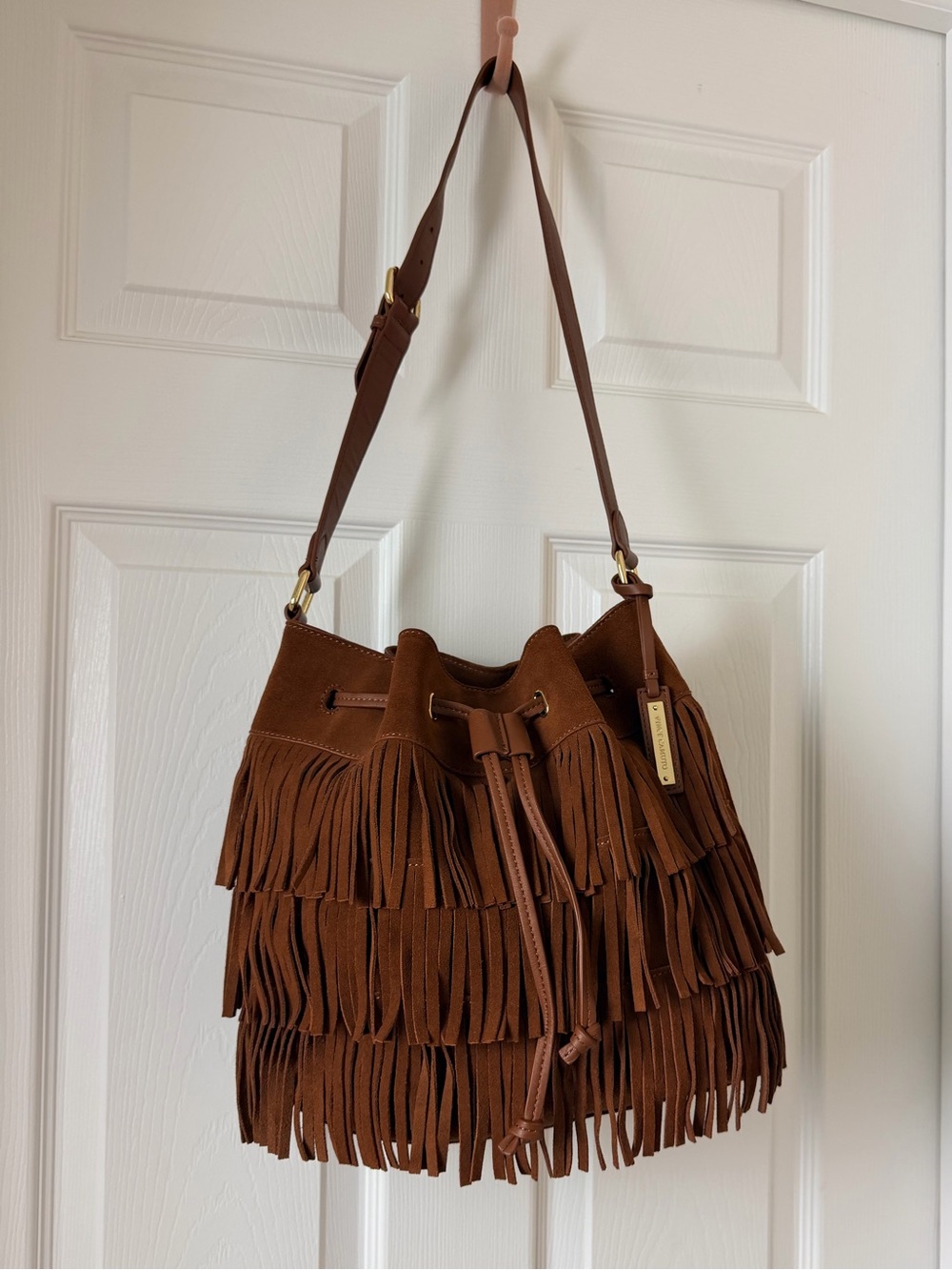 Vince Camuto Boho Fringe Drawstring Suede Purse Bag Handbag